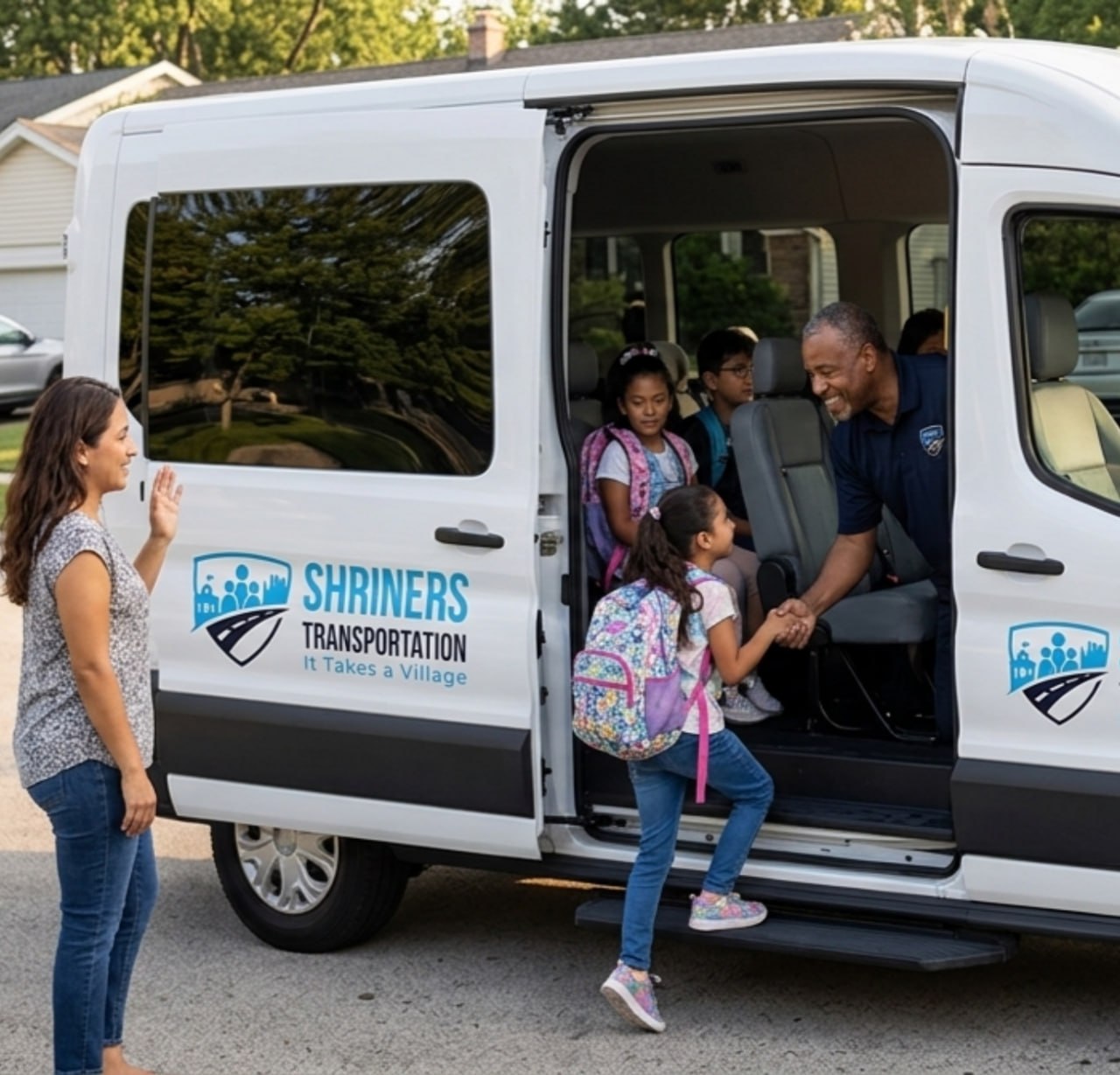 Shriners Transportation driver helping a student board an accessible vehicle